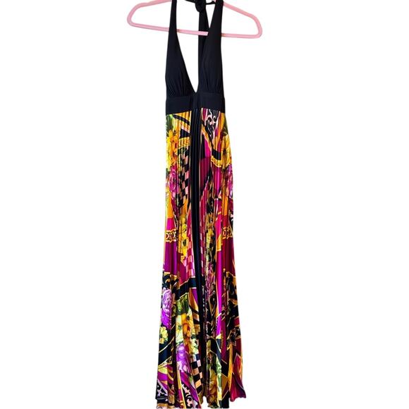 Cache Vintage Y2K Halter Maxi Dress Womens 2 Silk Pleated Mixed Print Rivera - Picture 2 of 13